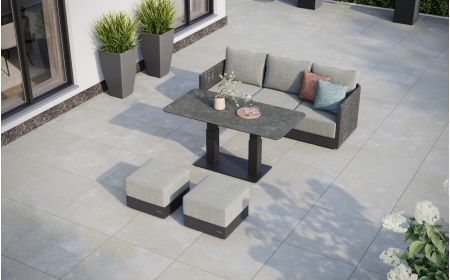 Calma L2 Corner Sofa Set & Rising Dining Table & Coffee Table With Footstools