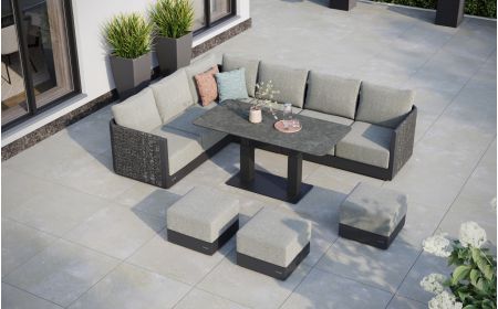Calma L4 Corner Sofa Set & Rising Dining Table  With Footstools