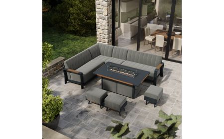 Lunar Corner Sofa with 1.6 Metre Gas Firepit Teak Edge Table and 3 Footstools 
