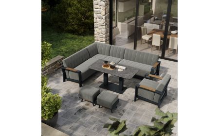 Lunar Extended Corner Sofa with Rising Coffee/Dining Table and 2 Footstools and Lunar Armchair