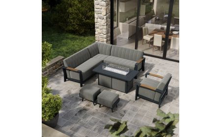 Lunar Corner Sofa with Coffee Gas Firepit Table and 2 Footstools and Lunar Armchair