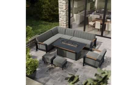 Lunar Extended Corner Sofa with 1.6 Metre Gas Firepit Teak Edge Table and 2 Footstools and Lunar Armchair