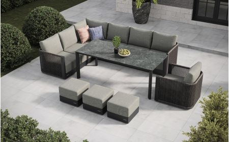 Soho L6 Corner Sofa Set & Large Sloane Dining Table With Footstools & Armchair