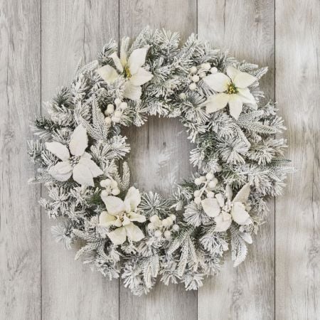 Campo 50cm Frosted Artificial Christmas Wreath – White Poinsettia & Berry 