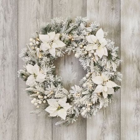 Campo 50cm Pre-Lit Frosted Artificial Christmas Wreath – Warm Yellow LED White Poinsettia & Berry