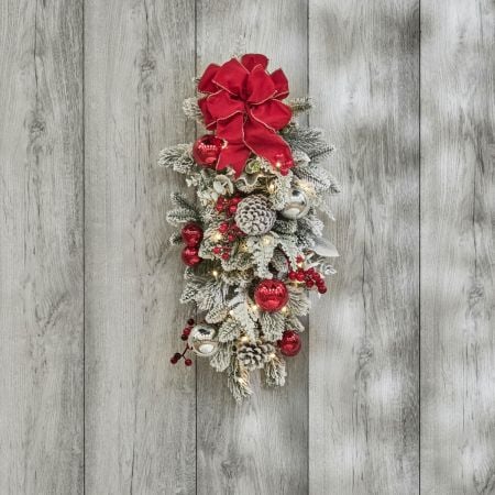 Hawley Frosted Christmas Teardrop Swag – Red Bow, Ornaments & Pinecone Alpine