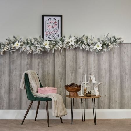 Lindon 270cm Frosted Artificial Christmas LED Garland – White Poinsettia & Berry 