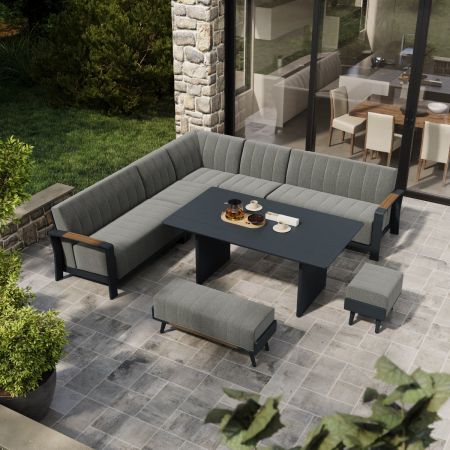 Lunar Extended Corner Sofa with Belgravia Dining Table and 1 Footstool and Bench