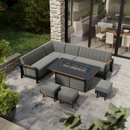 Lunar Corner Sofa with 1.6 Metre Gas Firepit Teak Edge Table and 3 Footstools 