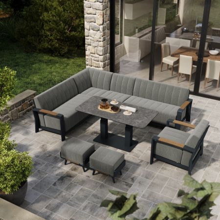 Lunar Extended Corner Sofa with Rising Coffee/Dining Table and 2 Footstools and Lunar Armchair