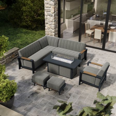 Lunar Corner Sofa with Coffee Gas Firepit Table and 2 Footstools and Lunar Armchair