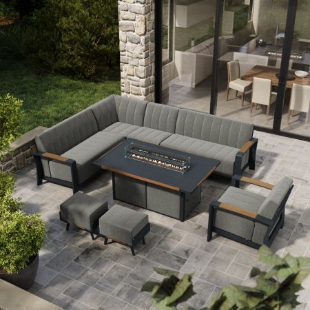 Lunar Extended Corner Sofa with 1.6 Metre Gas Firepit Teak Edge Table and 2 Footstools and Lunar Armchair