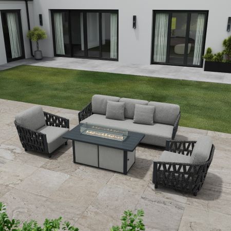 Hampton 3 Seat Sofa Set with Gas Firepit Table and Armchairs