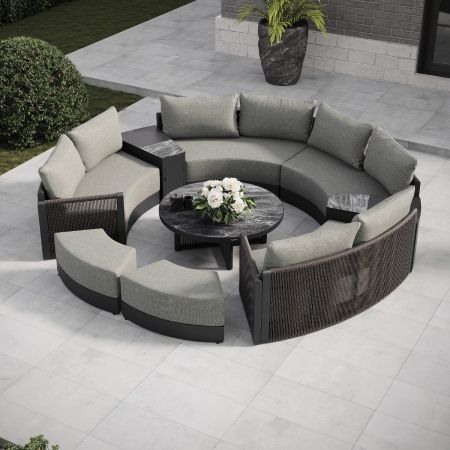 Soho Arc 9 - Full Moon Sofa Set with Twin Armrest Drinks Tables and Foostools